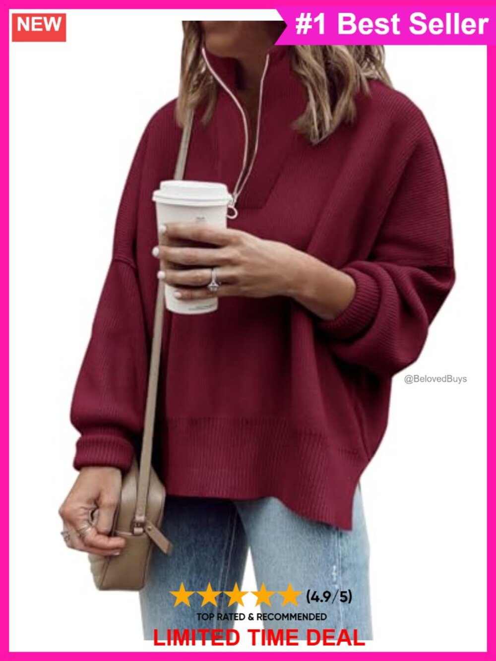 Women's Quarter Zip Oversized Sweatshirt V-Neck Tunic Sweater